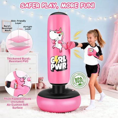 Inflatable Punching Bag, 66" Inflatable Boxing Bag for Kids with Boxing Gloves for 3-12 Girls, Stable Boxing Set for Practicing Karate, Taekwondo, Unicorn Toy & Gifts for Girls