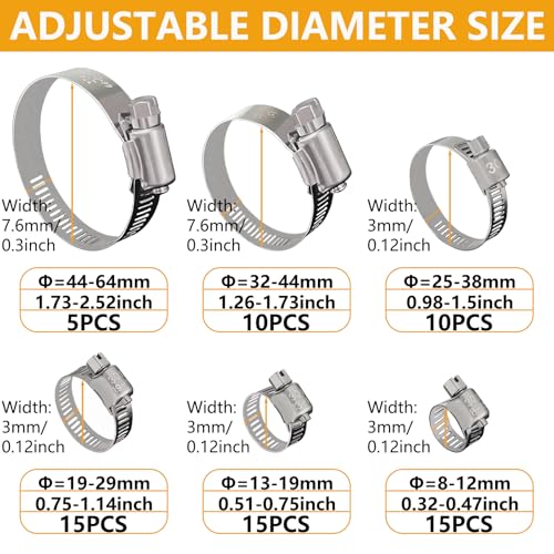 70 Pack Stainless Steel Hose Clamp Adjustable Assortment Kit, 8-64mm Worm Gear Drive Hose Clamps Metal Fuel Line Pipe Clamps for Plumbing, Tube, Mechanical, Automotive, Garden and Home Applications - size: 70 Pcs Kit - Hose Clamp (8-64 mm)