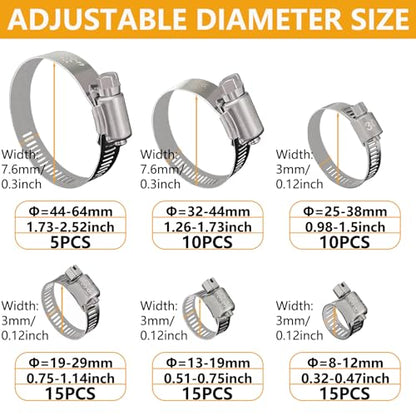 70 Pack Stainless Steel Hose Clamp Adjustable Assortment Kit, 8-64mm Worm Gear Drive Hose Clamps Metal Fuel Line Pipe Clamps for Plumbing, Tube, Mechanical, Automotive, Garden and Home Applications - size: 70 Pcs Kit - Hose Clamp (8-64 mm)