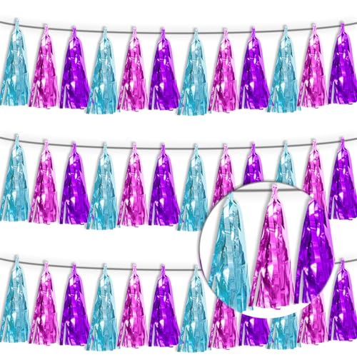 3P Lake Blue Purple-Hot Pink Tassel Banner Garland Metallic Foil Fringe Banner Tinsel Tassels Streamer Banner Backdrop for Parade Floats,Graduation Decorations, Wedding Party Decoration - color: Lake Blue Purple-Hot Pink