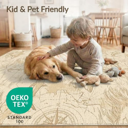 6'x9' Washable Antique Map Area Rug, Tan Foldable Non-Slip Large Carpet for Queen Size Bedroom, Under Bed, Master Bedroom, Foldable Easy Care Carpet| Ref:2067334 - color: Beige/Pattern 31, size: 6' x 9' (Rectangular)
