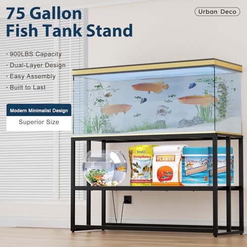 Urban Deco 55-75 Gallon Fish Tank Stand with Power Outlets, 900LBS Capacity Aquarium Stand, Metal Fish Tank Stand Dual-Layer Design Terrarium Stand, Black - color: Black with Outlet, size: 55-75 Gallon