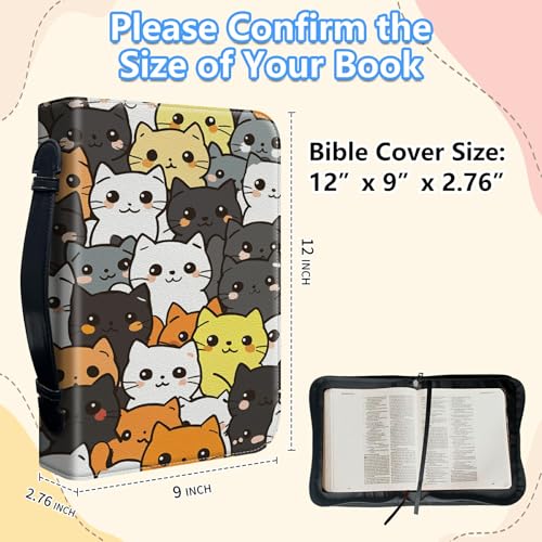 Bible Cover Case for Women, PU Leather Large Bible Cases with Zipper Fits Books Up to 12" x 9" x 2.76”, Bible Carrying Bag for Men, Cartoon Cat - color: Cartoon Cat
