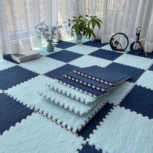 12pcs Carpet Squares Puzzle Floor Mat, Plush Interlocking Carpet Tiles, Anti Slip EVA Foam Jigsaw Floor Tiles, Build A Safe Area for Bedroom Playroom (Blue+Nazy) - color: Blue+navy