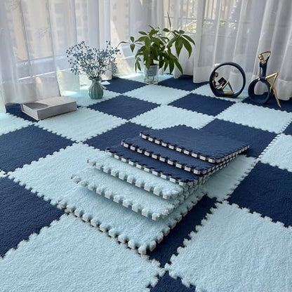 12pcs Carpet Squares Puzzle Floor Mat, Plush Interlocking Carpet Tiles, Anti Slip EVA Foam Jigsaw Floor Tiles, Build A Safe Area for Bedroom Playroom (Blue+Nazy) - color: Blue+navy