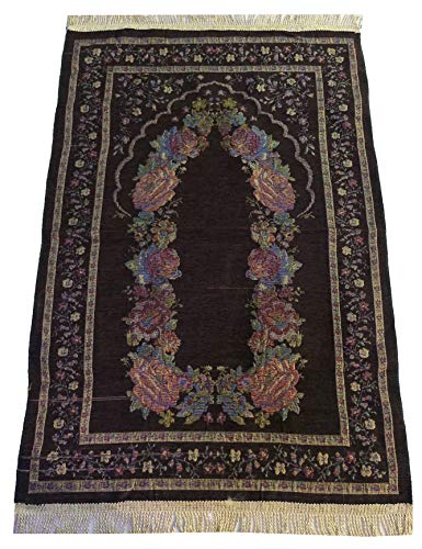Islam Portable Sajadah Carpet Thin Prayer Mat Janamaz AMN-211 Floral Design Chenille Worship Blanket Travel Rug Namaz Area Muslim Gift (Dark Brown) - color: Dark Brown