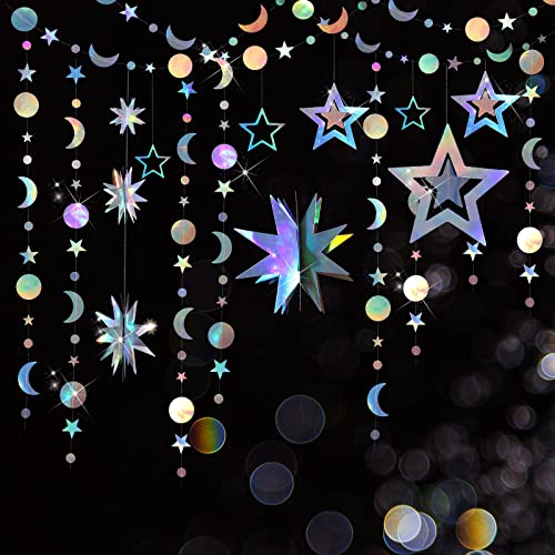 7 Pcs Iridescent Star Moon Garland Party Decorations Kit Hanging 3D Twinkle Little Star Streamer Bunting Banner Backdrop for Holiday Baby Shower Birthday Supplies