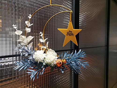 Eid 라마단 무바라크 화환 장식, 별 사인이 있는 달 화환, 현관용 인공 금속 후프 벽걸이 꽃 화환, 벽 창문 파티 벽 장식 실내 실외용