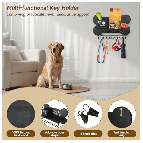 Wood Dog Leash Holder for Wall, Key Hangers with 3 Double Key Holder for Wall, Dog Stuff Organizer and Doggie Bone Key Hooks Wall Mount for Entryway, Farmhouse Treats, Black