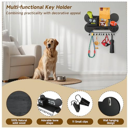 Wood Dog Leash Holder for Wall, Key Hangers with 3 Double Key Holder for Wall, Dog Stuff Organizer and Doggie Bone Key Hooks Wall Mount for Entryway, Farmhouse Treats, Black