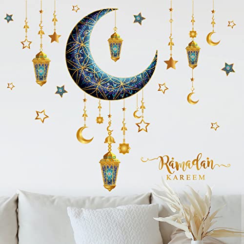 Ramadan Decorations Wall Stickers,Islamic Muslim Wall Art Decals,Eid Mubarak Ramadan Decor Lantern Moon Star Window Clings for Home Living Room Bedroom Decorations Wallpaper (Style1) - color: Style1