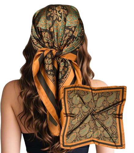 Sumolux Head Hair Scarf for Women Like Satin Silk Scarf Bandana Hair Wrapping Night Large Square Scarves 27.5" - color: Caramel Retro Cashew Nuts