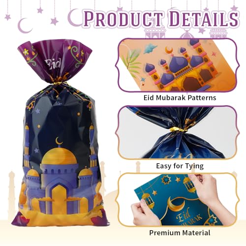 Ramadan Cellophane Treat Bags, Eid Mubarak Candy Bags, 120 PCS Plastic Eid Mubarak Ramadan Gift Bags Goodie Bags Cookie Bags with Twist Ties for Islam Muslim Eid Mubarak Ramadan Party Favor Supplies - color: style 1-120pcs