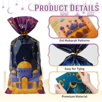 Ramadan Cellophane Treat Bags, Eid Mubarak Candy Bags, 120 PCS Plastic Eid Mubarak Ramadan Gift Bags Goodie Bags Cookie Bags with Twist Ties for Islam Muslim Eid Mubarak Ramadan Party Favor Supplies - color: style 1-120pcs