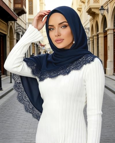 JUMISEE Elegant Floral Lace Hijab Scarf for Women Soft Cotton Head Wrap Instant Hijab Long Scarves Evening Dress Shawl - color: Dark Blue