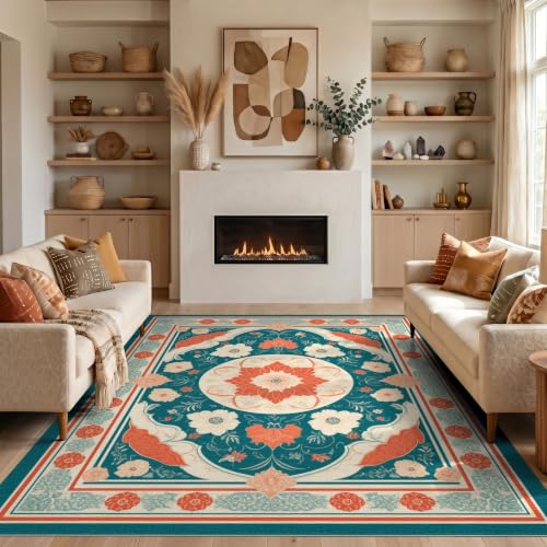 6'x9' Teal Coral Prayer Meditation Floral Washable Area Rug - color: Blue/Pattern 12, size: 6' x 9' (Rectangular)