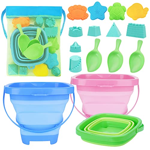 RACPNEL Beach Toys with 3 Collapsible Buckets, Mesh Bag for Kids Ages 3-12 | Sand Castle Building Kit and Sand Molds for Sandbox Play, Backyard, Summer Travel, Beach Games, Multi Scene Outdoor Fun