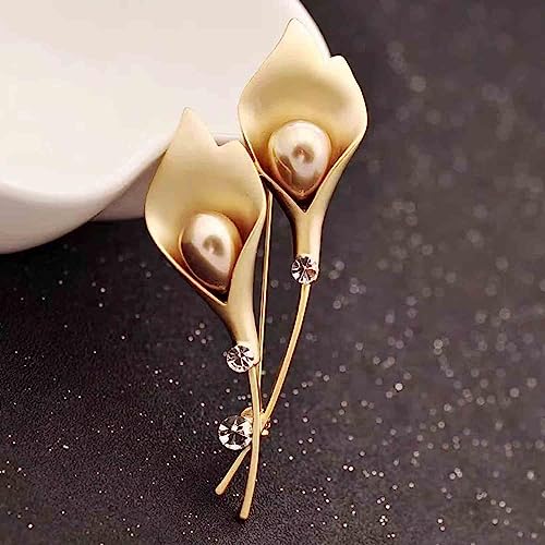 Crystal Pearl Flower Brooches Pins Fashion Beautiful Created Rhinestone Floral Brooch Good Idea for Party Dance Wedding Banquet for Elegant Women Girl - color: Gold Lily