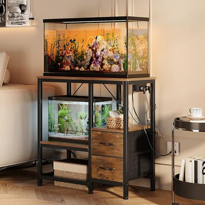 20-29 Gallon Fish Tank Stand with Power Outlet Vintage Metal Aquarium Stand with 2 Fabric Drawers Heavy Duty Reptile Tank Stand with 3-Tier Adjustable Storage Shelves, Left-Right Mounting