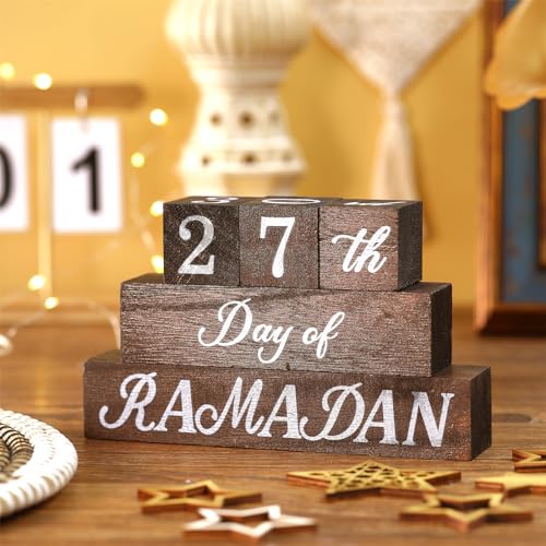 GlikCeil 5 Pcs Eid Mubarak Calendar Block Set Ramadan Advent Countdown Eid Calendar Countdown Blocks Wood Sign for Decorations Ramadan Wooden Tabletop Ornament Home Table Decor, Brown
