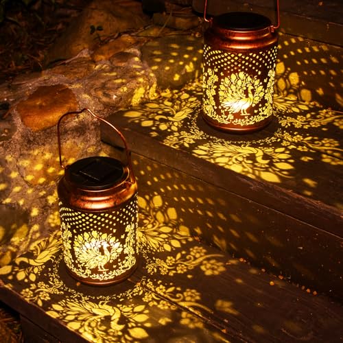 YISITEONE Peacock Outdoor Solar Lanterns, Garden Waterproof Metal Hanging Decor Lights for Patio Yard Pathway Lawn Front Porch, Birthday Gardening Gifts for Women Mom Grandma - style: Peacock