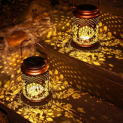 YISITEONE Peacock Outdoor Solar Lanterns, Garden Waterproof Metal Hanging Decor Lights for Patio Yard Pathway Lawn Front Porch, Birthday Gardening Gifts for Women Mom Grandma - style: Peacock