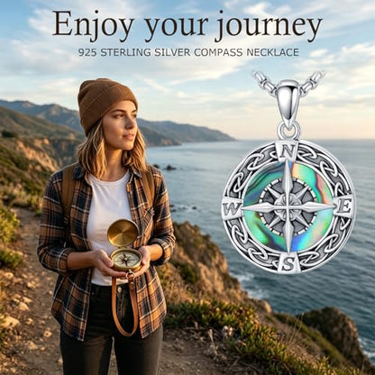 Graduation Gifts for Women 925 Sterling Silver Compass/Graduation/Vet/Cross/Stethoscope Necklace for Women - color: Compass-Abalone Shell-White Gold
