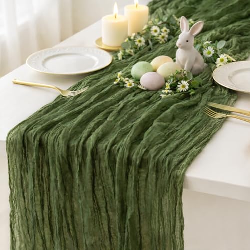Sioloc Moss Green Cheesecloth Table Runner 120'' x 35'',Spring Easter Decor Soft Gauze Boho Wedding Table Decor for 10ft Table Birthday Party,Baby Shower, Bridal Shower, Home & Event Decor - color: Mossgreen, size: 1pc