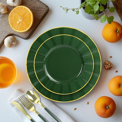 150Pcs Plastic Plates with Gold Rim,Heavy Duty Green Plates for 30 Guests,Plastic Dinnerware Set Include 30 Dinner Plate,30 Dessert Plate,90 Gold Cutlery Set for Party (Green) - color: Green