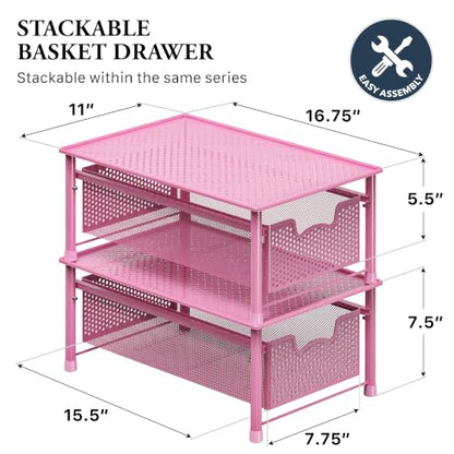Simple Houseware Stackable Cabinet Basket Drawer Organizer, Pink - color: Pink, size: 1-Tier