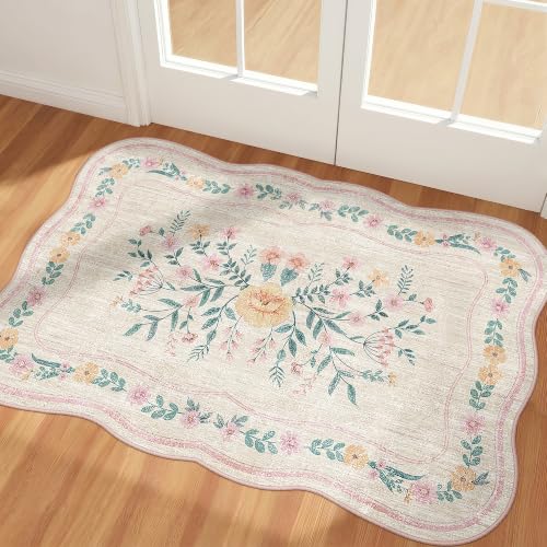 Scalloped Door Mat 2x3 Small Pink Floral Washable Entryway Rug - color: Pink Scalloped, size: 2' x 3' (Rectangular)