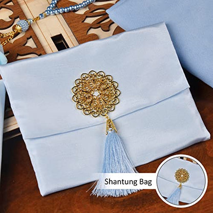 BABY SHOWER CHOCOLATE Prayer Rug Islamic Gift Set, Velvet Prayer Mat, Prayer Beads, Scarf and Yaseen Book, Perfect Family and Muslim Eid Gifts (Blue) - color: Blue