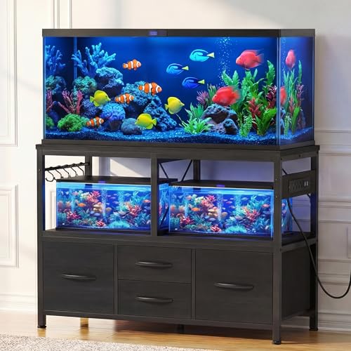 Heybly 40-50 Gal Fish Tank Stand with Drawer, Power Outlet, Black HAS004BK | Aquarium Stand, Heavy Duty, for Fish Tank, Turtle & Reptile Terrarium, 36.2" L × 18.1" Top, 660lbs (Top)+330lbs(Mid) - color: Black, size: 40-50 gal