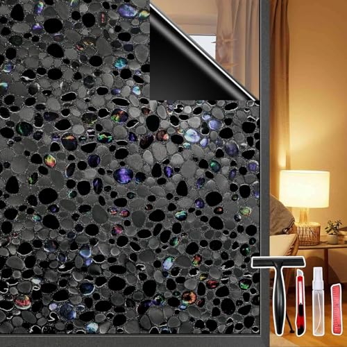 JAYONG Total Blackout Window Privacy Film with Tools, 35.4'' x 196.8'' | 3D Pebble Pattern, 100% Light & UV Blocking Heat Control, No Glue Static Cling Room Darkening Glass Tint for Bedroom Bath - color: Pebble Pattern - Total Black, size: 35.4 x 196.8 In