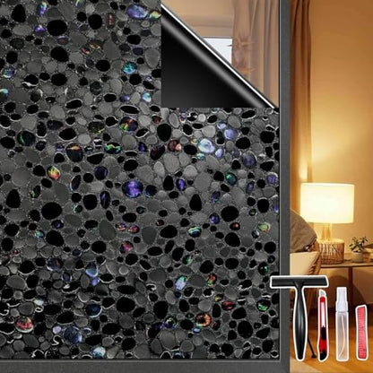 JAYONG Total Blackout Window Privacy Film with Tools, 35.4'' x 196.8'' | 3D Pebble Pattern, 100% Light & UV Blocking Heat Control, No Glue Static Cling Room Darkening Glass Tint for Bedroom Bath - color: Pebble Pattern - Total Black, size: 35.4 x 196.8 In