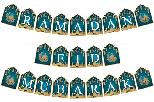 VILIFEVER 2 in 1 Ramadan Eid Mubarak Banner with Lantern Moon Star Sign, Eid Ramadan Mubarak Decorations for Mantel Fireplace Al-fitr Party Decoration Supplies