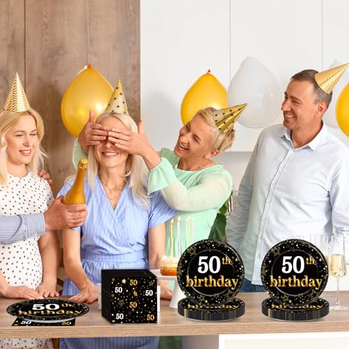 Qyeahkj 48Pcs 50th Birthday Paper Plates and Napkins Black and Gold Happy Birthday Party Decorations Cheers to 50 Years Party Supplies 50 Years Old Disposable Tableware Set for Women Men Serve 24 - style: 50th Birthday