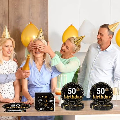 Qyeahkj 48Pcs 50th Birthday Paper Plates and Napkins Black and Gold Happy Birthday Party Decorations Cheers to 50 Years Party Supplies 50 Years Old Disposable Tableware Set for Women Men Serve 24 - style: 50th Birthday