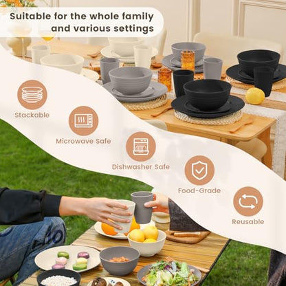 Homienly Wheat Straw Plates and Bowls Set, Lightweight & Unbreakable Dinnerware Set for Kitchen, Parties, Holidays, Microwave and Dishwasher Safe Dish Set - Plate Sets, Bowls, Cups, 24pcs (Grey Stone) - color: Grey Stone, size: 24 PCS