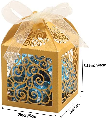 KPOSIYA 70 Pack Wedding Favor Boxes Laser Cut Boxes Party Favor Box Small Gift Boxes Lace Candy Boxes for Wedding Bridal Shower Baby Shower Birthday Party Anniverary with Ribbons (Gold, 70) - color: Gold 70
