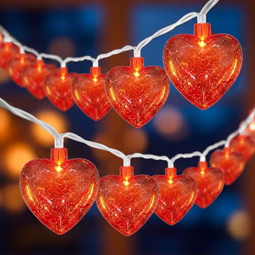 8.5 Ft Heart String Lights, Valentines Day Decorations Lights with 10 LED Glitter Red Heart Lights, Plug in Fairy Heart Shape String Lights for Wedding Anniversary Party Valentine's Day - color: Red Heart with silver, size: 8.5FT