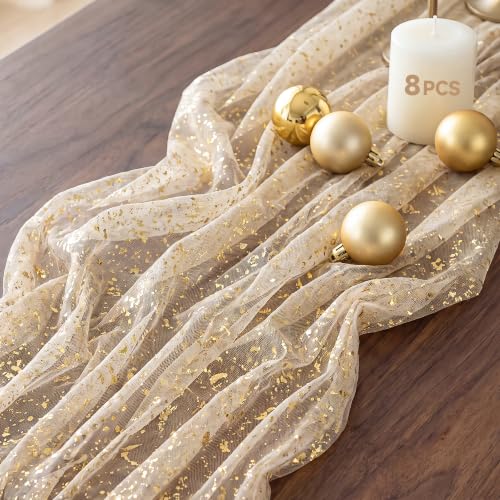 FEXIA 8Pcs Gold Table Runner 10FT Gauze Glitter Wedding Party Decorations - color: Rose Gold, size: 8 Pack-10FT