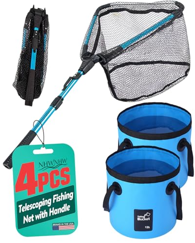 Telescoping Fishing Net with Handle, Extendable & Foldable Fishing Landing Net with Telescopic Pole for Kayak, Bass, Trout in Pond Lake River, Durable Nylon Mesh - Fishing Gear Gift for Men Women