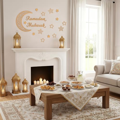 Rmeosye Ramadan Mubarak Wall Decor Set, Moon and Star Islamic Wooden Wall Art Sign for Ramadan Eid Decorations, Muslim Home Decor for Living Room, Bedroom, or Prayer Space