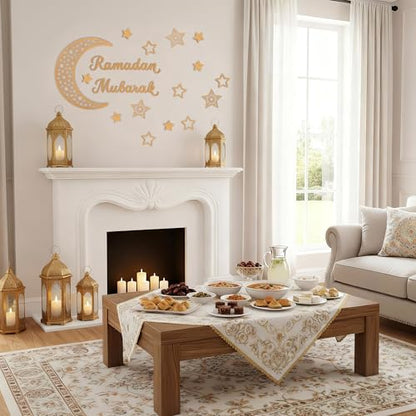 Rmeosye Ramadan Mubarak Wall Decor Set, Moon and Star Islamic Wooden Wall Art Sign for Ramadan Eid Decorations, Muslim Home Decor for Living Room, Bedroom, or Prayer Space