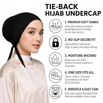 Yeieeo 3PC Muslim Hijab Undercap for Women, Stretch Tie-Back Inner Headscarf Bonnet, Soft Modal Headwear for Daily - color: Black+white+beige