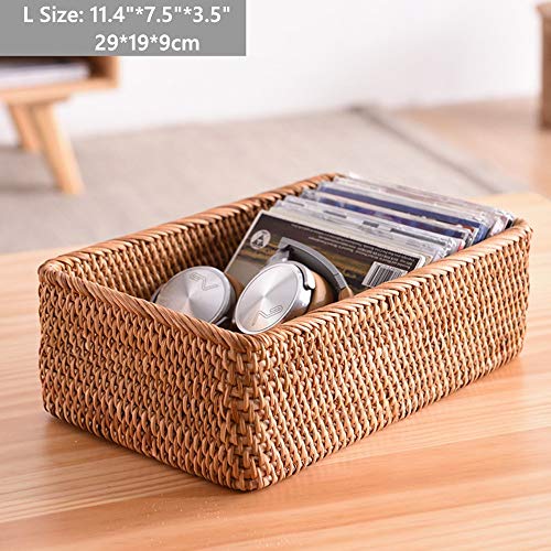Handmade Rectangle Wicker Fruit Box Rattan Tray Magazine Organizer and Small Objects Container Serving Basket (Large) - size: Large