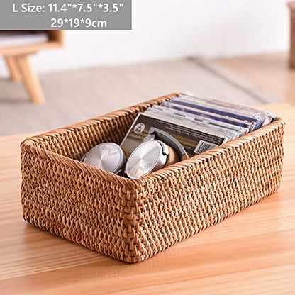Handmade Rectangle Wicker Fruit Box Rattan Tray Magazine Organizer and Small Objects Container Serving Basket (Large) - size: Large
