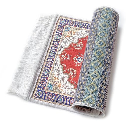 Foldable Muslim Small Prayer Mat for Head Portable Classic Pattern Islamic Small Prayer Rug Salah Carpet Mat with Tassel - color: Red