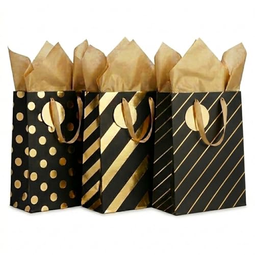 MilkToast Brands 3 Pack Medium Gift Bags Set – Black & Gold Designs (Polka Dot, Stripes) with Tissue Paper & To/From Tags – Premium Birthday, Holiday Gift Wrapping Bags (Black) - color: Black & Gold